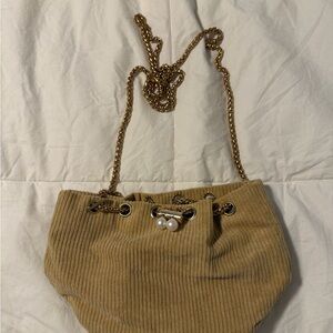 Gold Chain Strap Tan Corduroy Women's Shoulder Bag with Pearl Accent